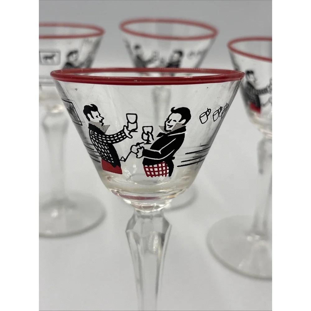 MCM Liquor Cocktail Glasses Martini Vtg Set 4 Dickens Merrymakers Libby